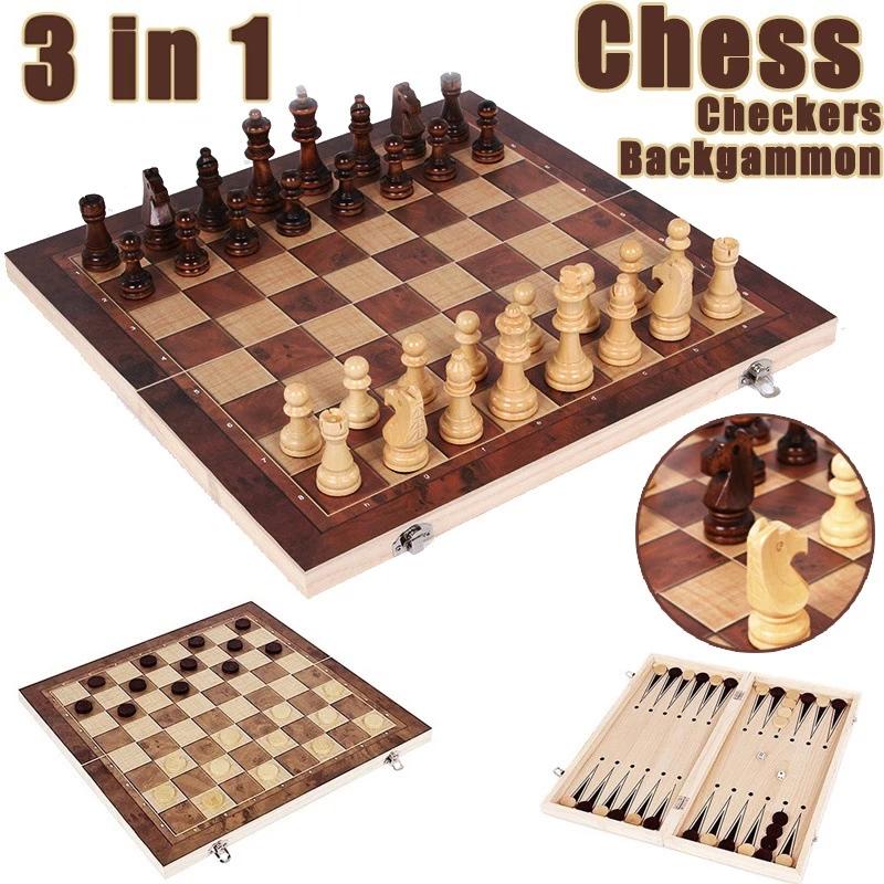 Board Game Operation - 3 in 1 チェスボード、折りたたみ木製ポータブルチェスゲームボード、大人用木製チェスボード (チェス +