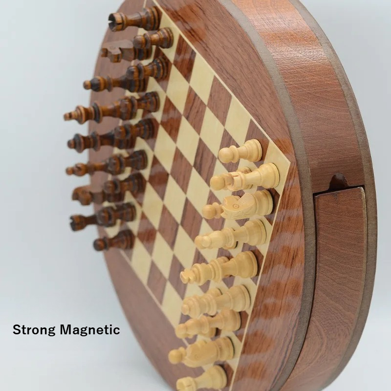 Magnetic Travel Chess - 丸型無垢材磁気チェスゲームセット、回転式引き出しと持ち運び可能な収納付き、旅行や自宅用
