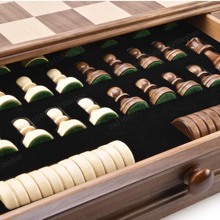 Chess Set Wooden - ウォールナット無垢材チェスチェッカーセット引き出し付き/高級無垢材チェスボックス