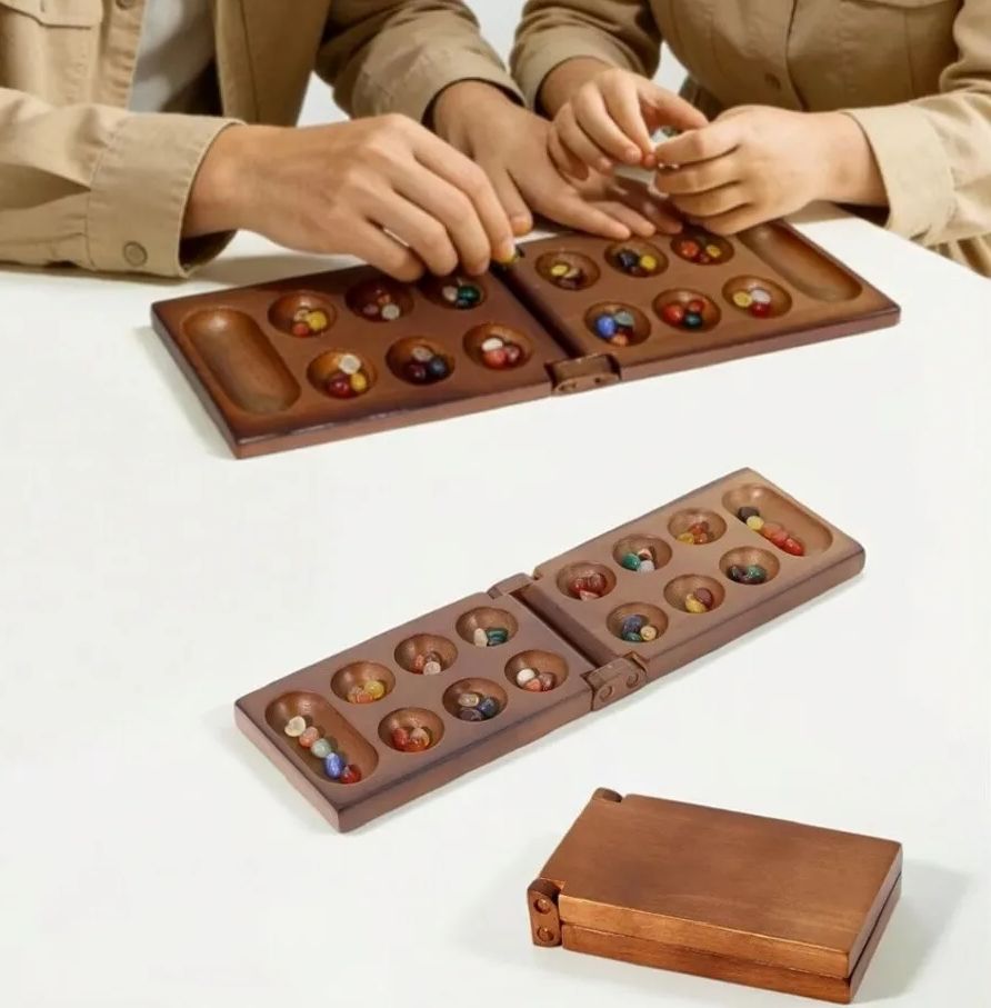 Chess Set Wooden - クラシックマンカラ古代アフリカチェス木製ゲームセット、石製の駒付き、持ち運び可能な戦略ゲーム、家族で楽しめるパーティーゲーム、子供向けおもちゃ
