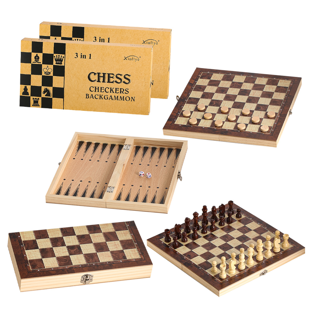 Chess Set Wooden - 木製3-in-1チェッカー、バックギャモン、チェスセットモデル、パーティー、旅行、携帯に適した折りたたみ式チェス盤ゲームギフト