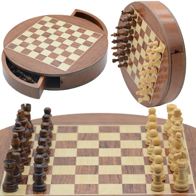 丸型無垢材磁気チェスゲームセット、回転式引き出しと持ち運び可 - Magnetic Travel Chess のレビューと価格