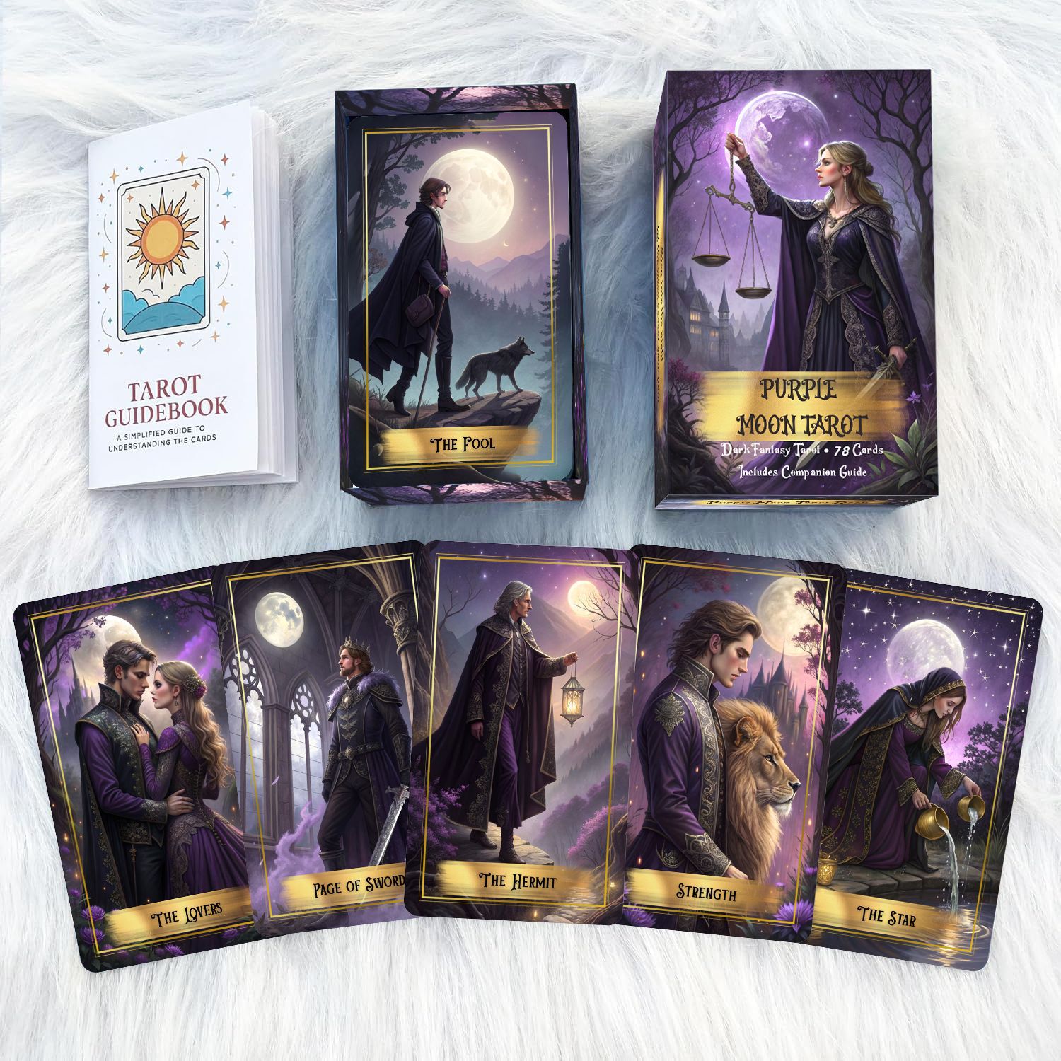 パープルムーンタロットカードデッキ ガイドブック付き、78枚 - Board Game Oracle のレビューと価格